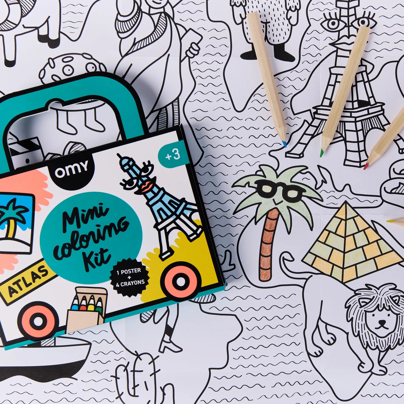 OMY Mini-Atlas Coloriage Pocket — mini coloring kit with world map - MINI_COLORING_KIT_ATLAS_ZOOM