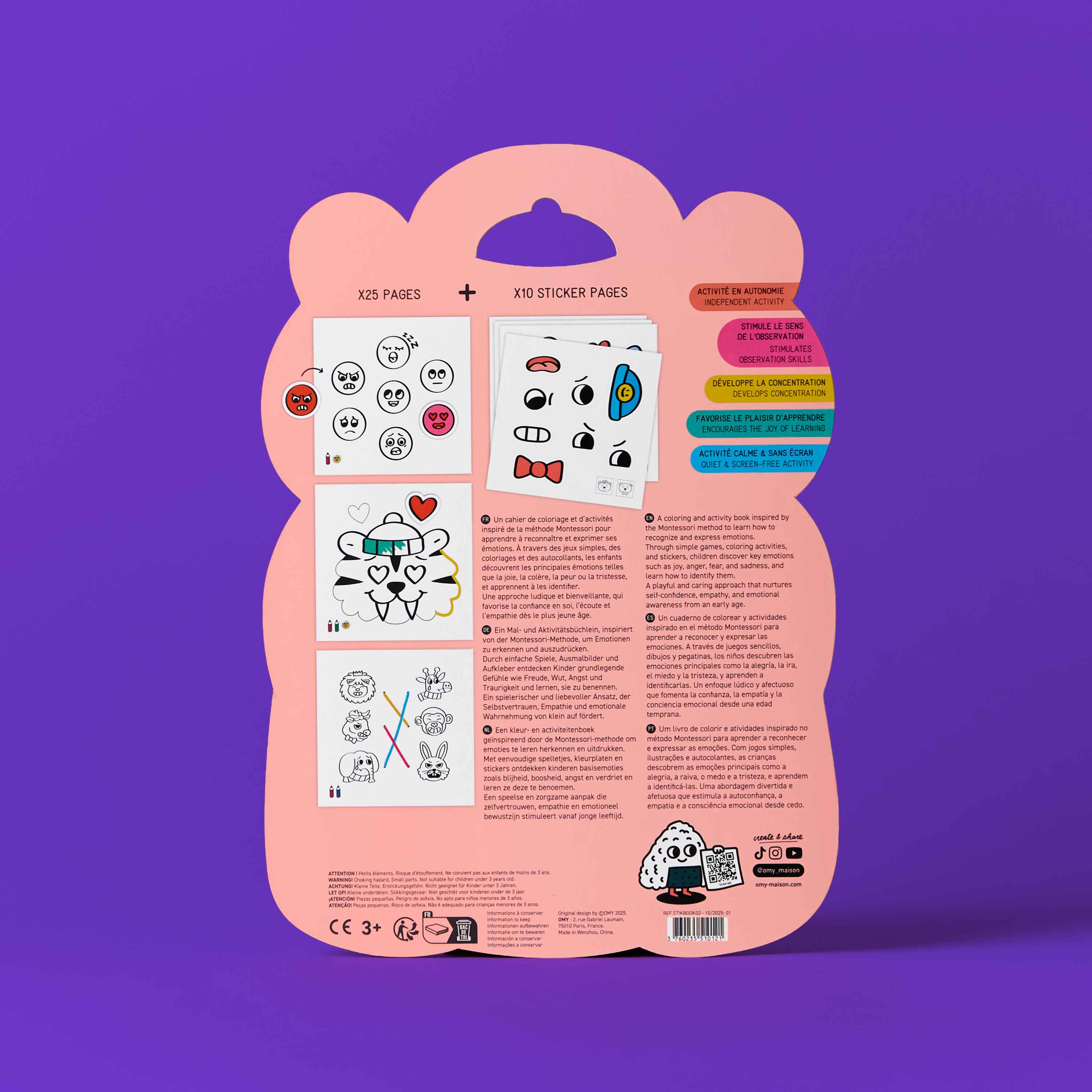 OMY Montessori Stickers Book — close-up of pages with emotional expressions