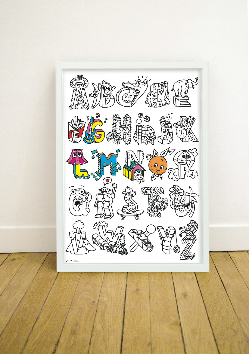 OMY ABC — child colouring on the poster and learning the alphabet