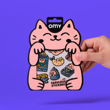 OMY Big Kitty - close-up of cat stickers with kawaii accessories