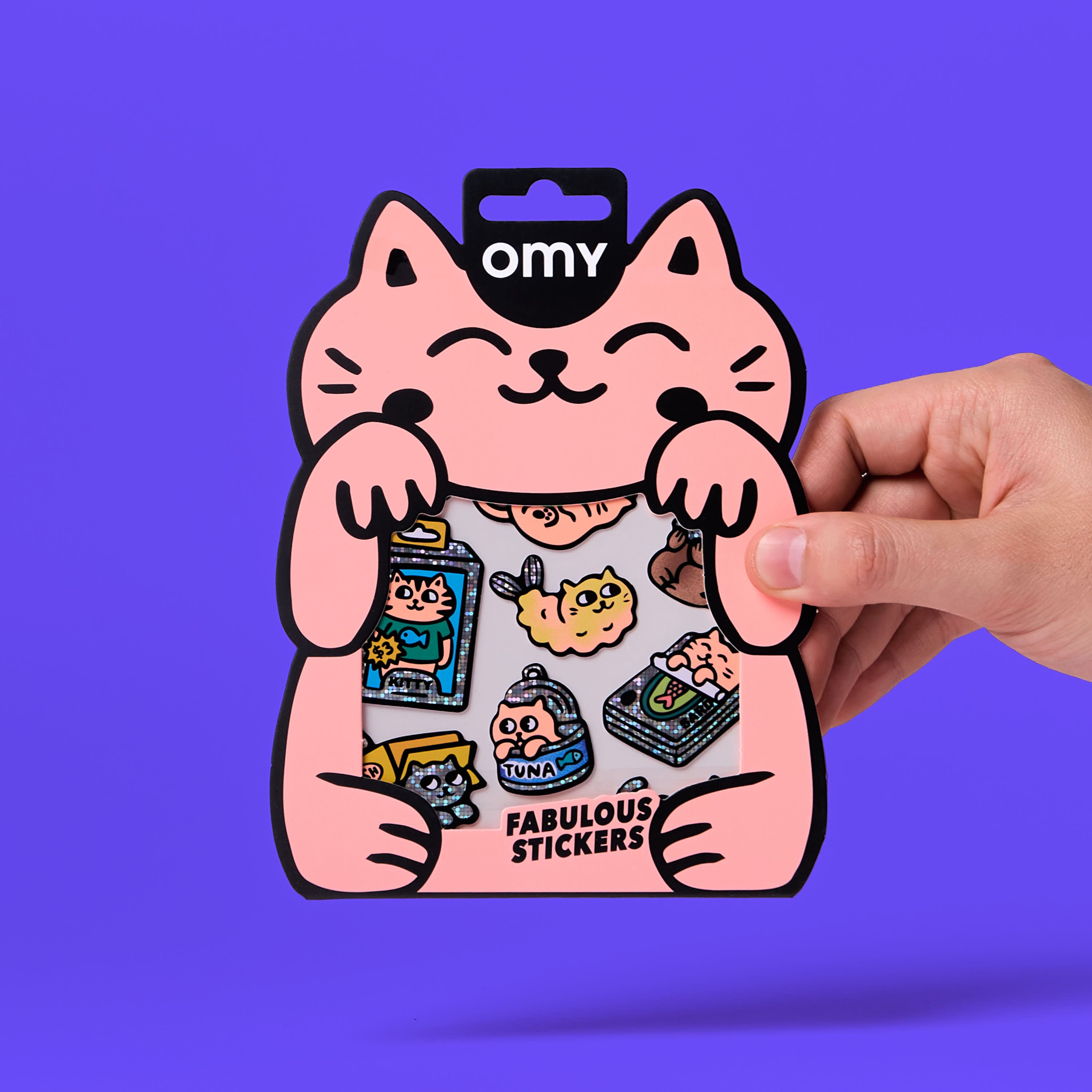 OMY Big Kitty - close-up of cat stickers with kawaii accessories