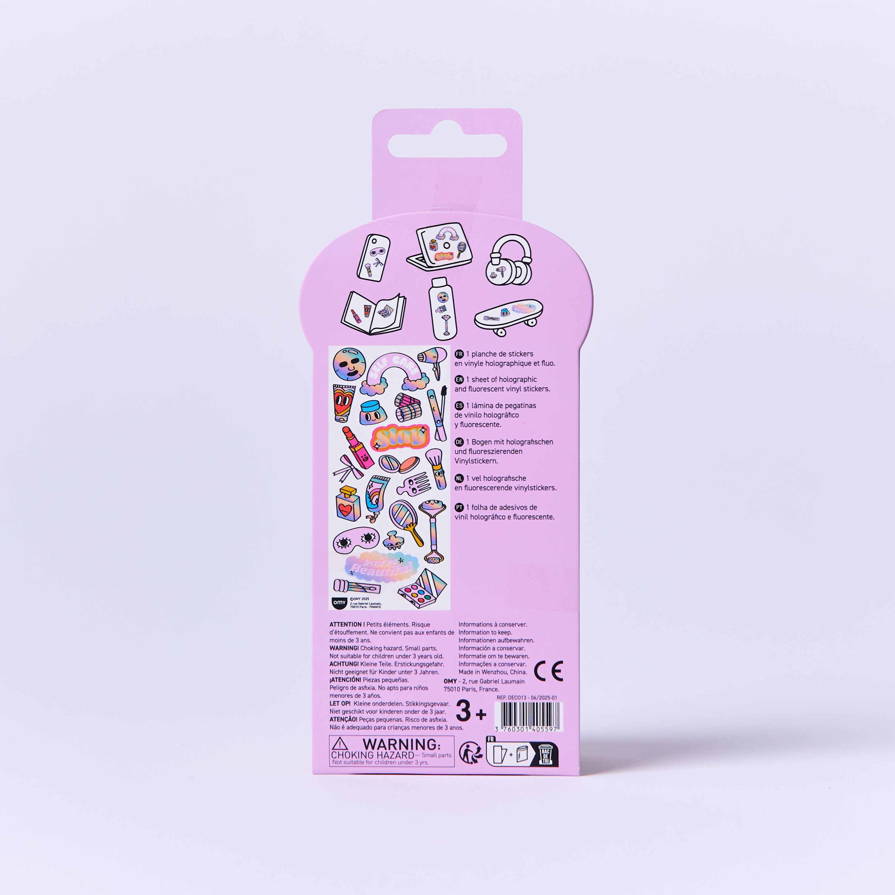 OMY Iconic Make Up — stickers applied on a notebook and a mirror