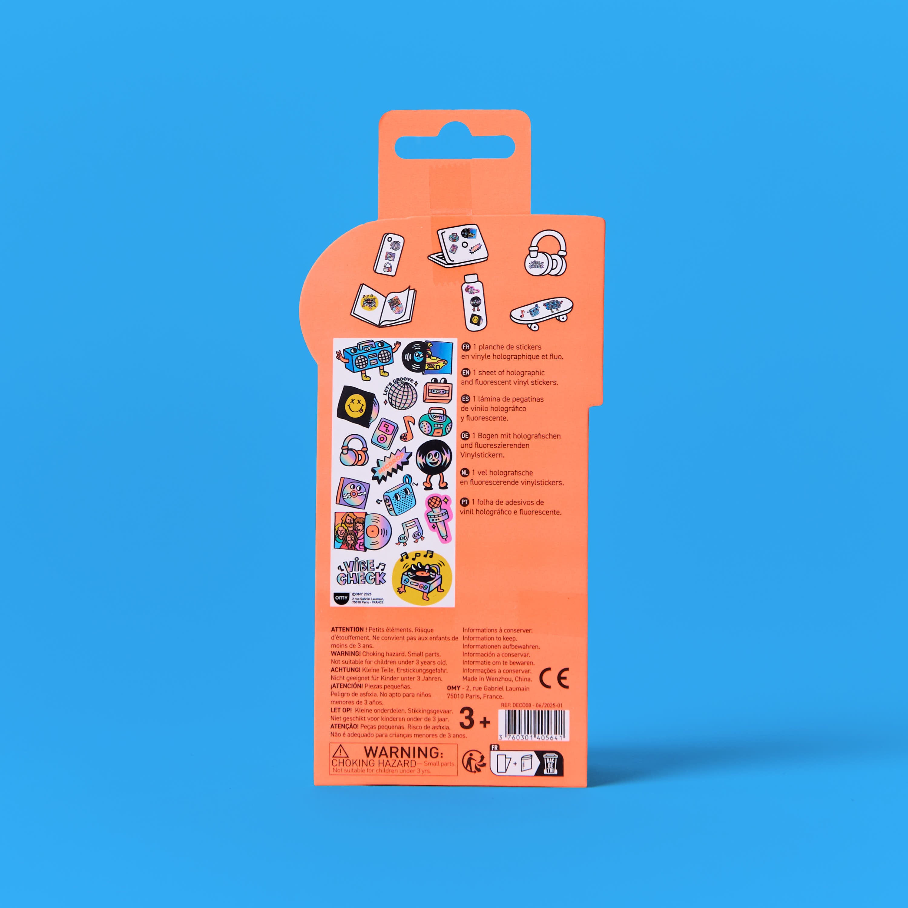 OMY Iconic Music — sheet of fluorescent vinyl stickers with music motifs - STICKER_ICONIC_MUSIC_DOS_FC