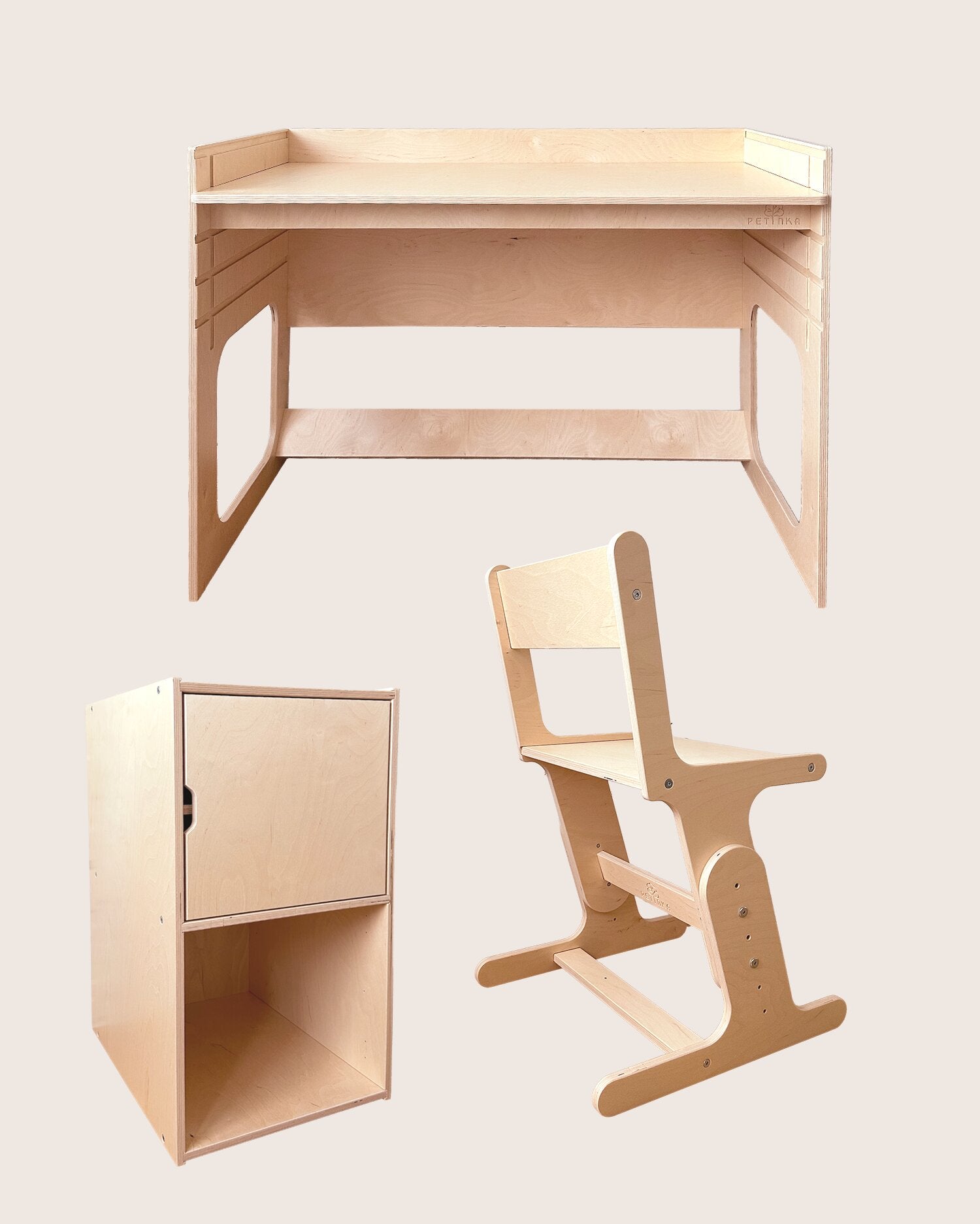 AGGIE study set – growing desk, chair and cabinet in birch plywood